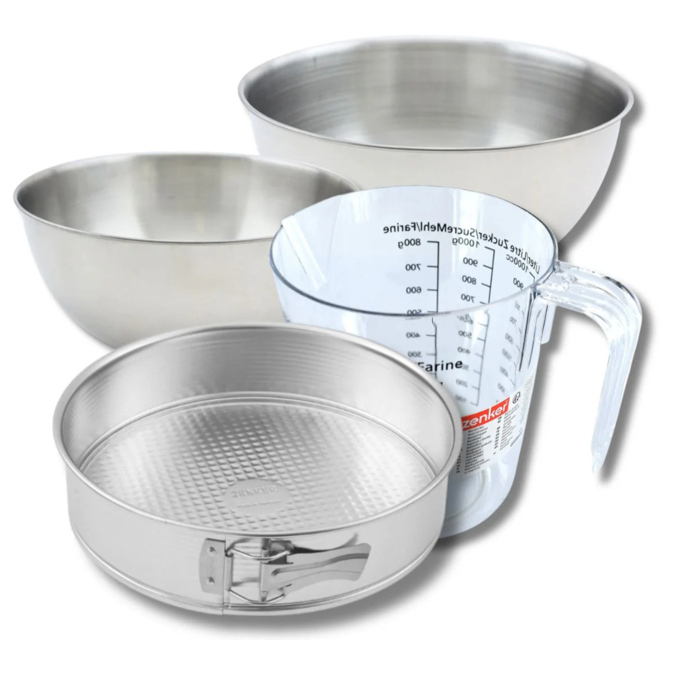 Set pâtisserie avec moule à manqué 26,3 cm, 2 bols à mixer, verre mesureur et spatule Zenker
