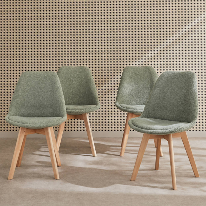 Lot de 4 chaises scandinaves NILS revêtement bouclette vert céladon. pieds bois de hêtre. chaise 1 place