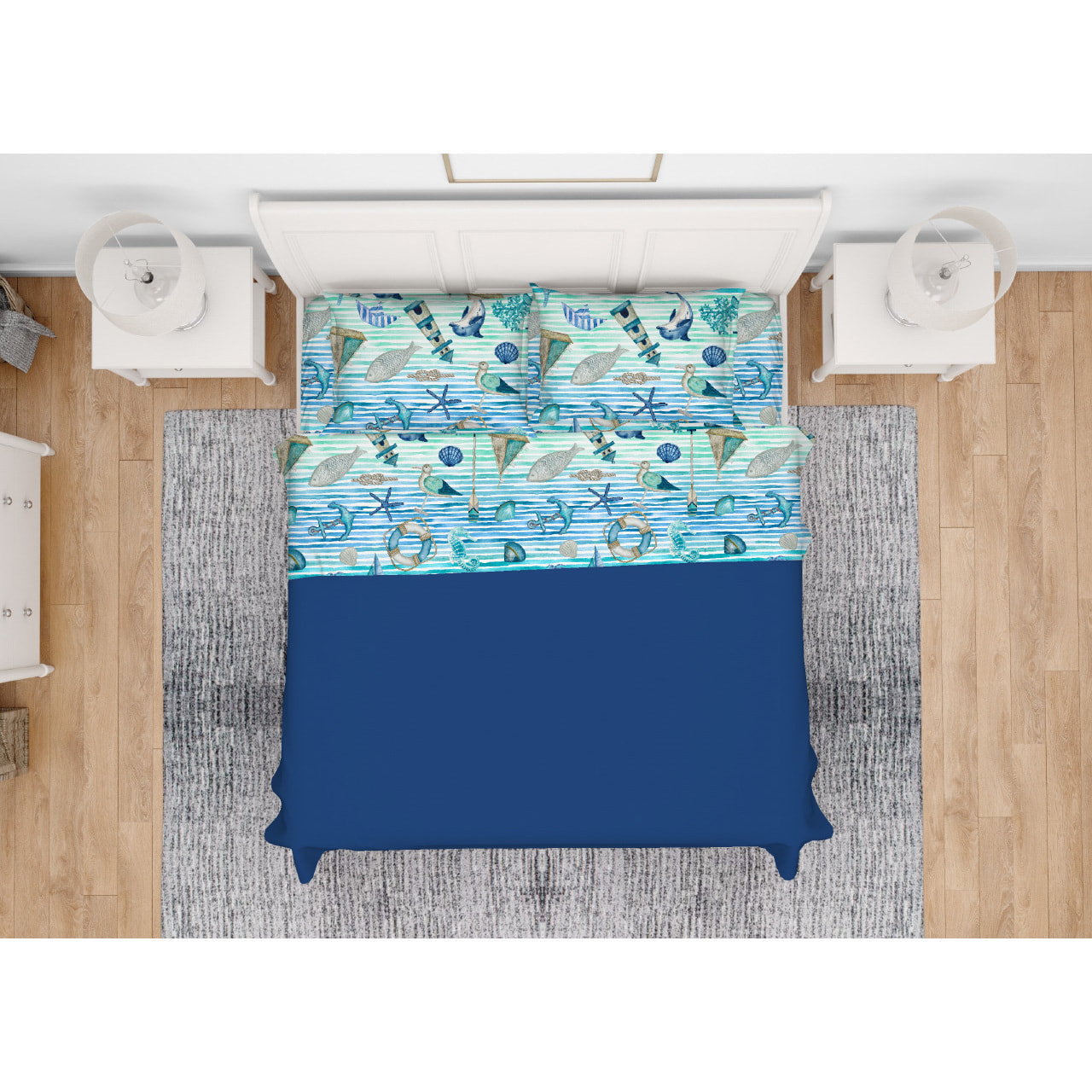 Completo Lenzuola In 100% Cotone Disegno Mare 25
