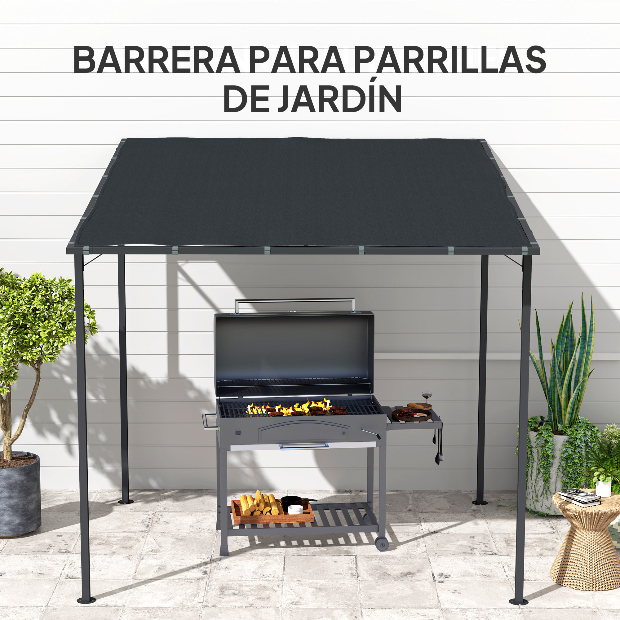 Pérgola de Pared 2,4x2,4 m Cenador de Jardín con Techo Inclinado Protección UV 30+ Impermeable y Marco de Metal para Patio Terraza Balcón Gris Oscuro