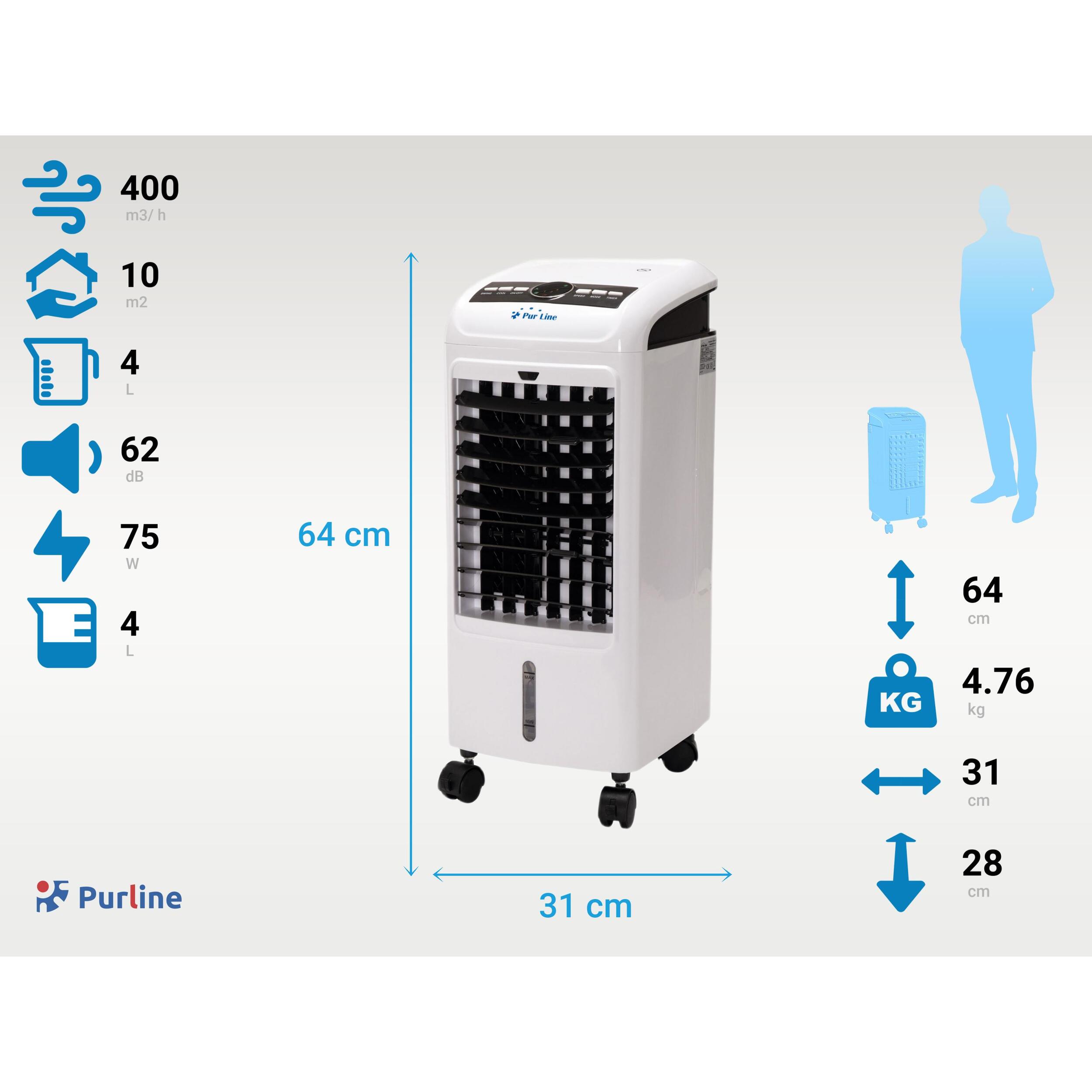 Rafraichisseur d'air par évaporation 70W 3 vitesses et 4 L