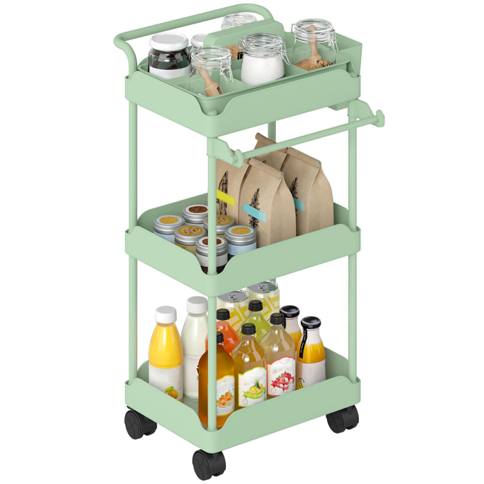 Carrito Auxiliar con Ruedas de 3 Niveles, Carrito de Cocina con Cestas Extraíbles, Ruedas con Freno, Soporte para Toallas y Marco de Metal, Carro de Servicio para Comedor, Salón, Baño, Verde