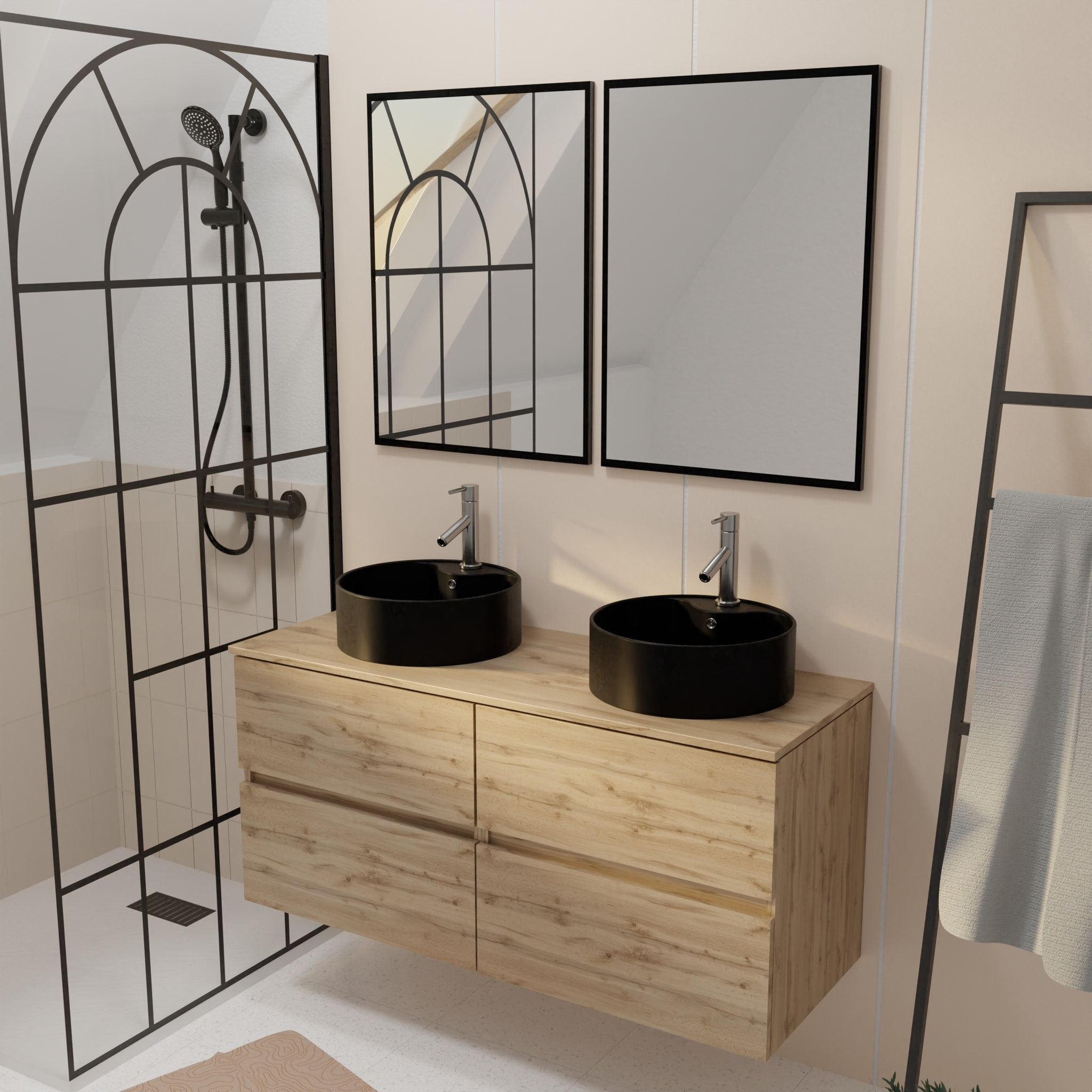 Meuble Salle de Bains 120cm 4 Tiroirs Chêne Naturel, 2 Vasques Noires Ø41cm et 2 Miroirs 55x75 cm