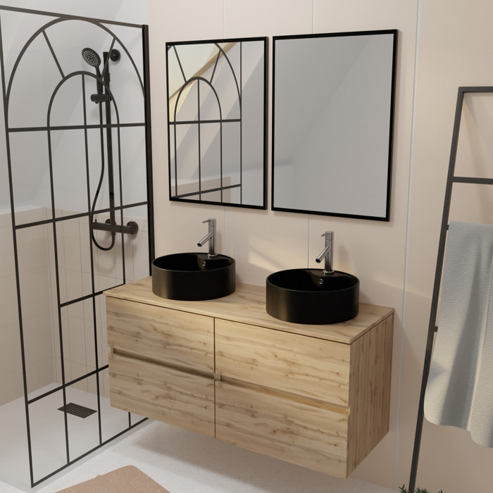 Meuble Salle de Bains 120cm 4 Tiroirs Chêne Naturel, 2 Vasques Noires Ø41cm et 2 Miroirs 55x75 cm