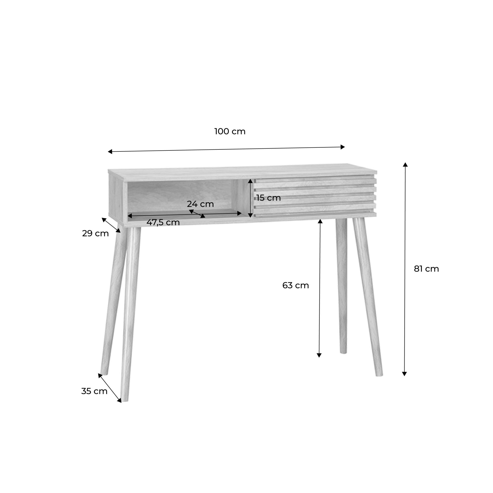 Console scandinave décor bois noyer avec 1 porte coulissante rainurée 2 niches de rangement