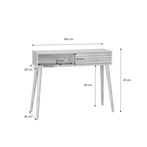 Console scandinave décor bois noyer avec 1 porte coulissante rainurée 2 niches de rangement