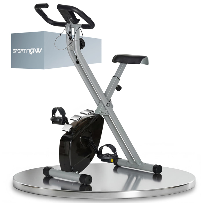 SPORTNOW Bicicleta Estática Plegable, Bicicleta Estática Casa Silenciosa con 8 Niveles Resistencia Magnética, Monitor LCD, Asiento Ajustable, Volante, Sensor Ritmo, Soporte Teléfono y Ruedas, Gris