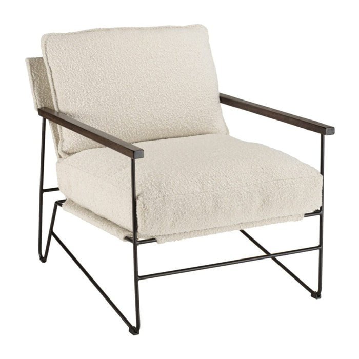 GASTON - Fauteuil tissu écru 1 coussin structure métallique noire, accoudoirs en bois