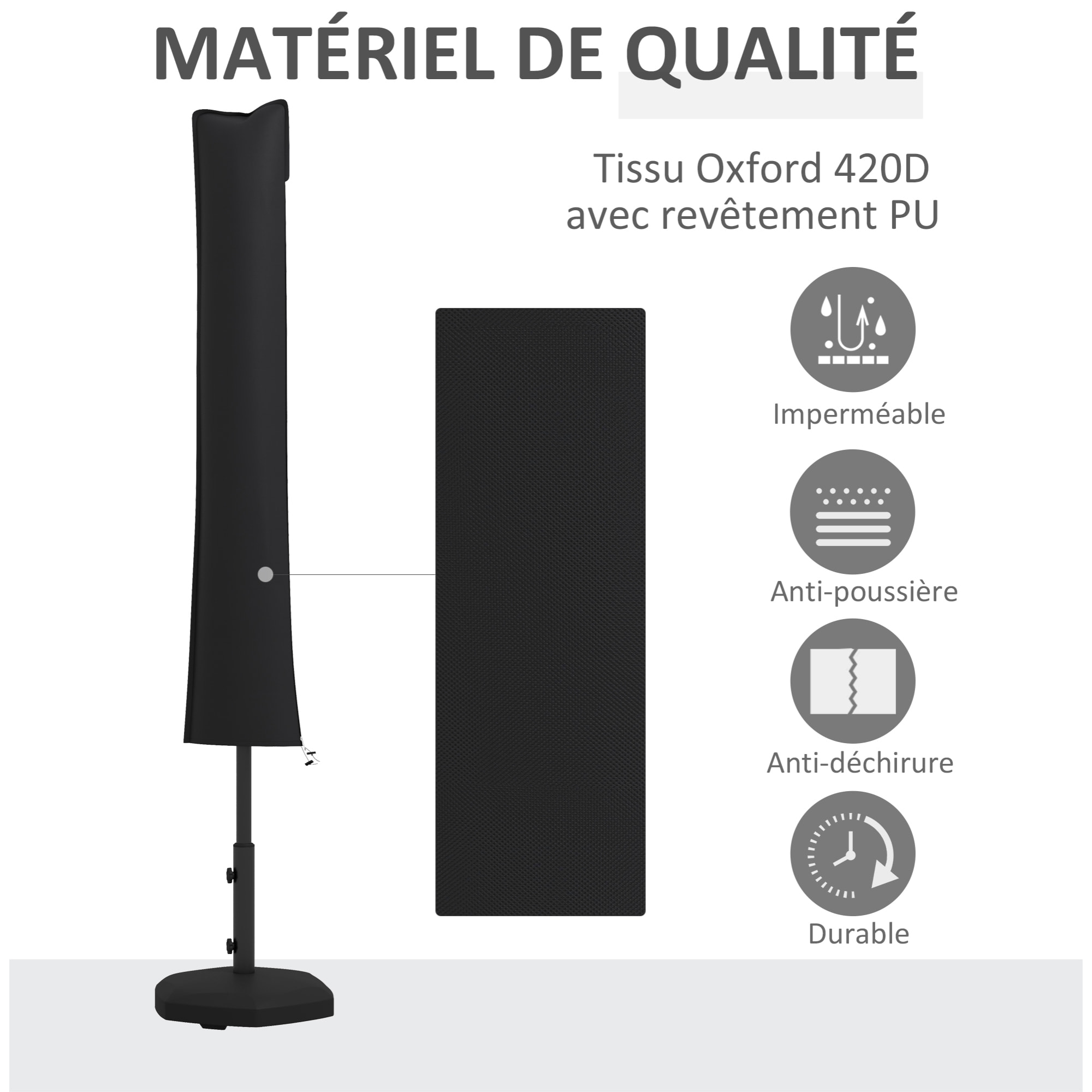 Housse de protection imperméable pour parasol droit avec fermeture éclair et cordon de serrage gris