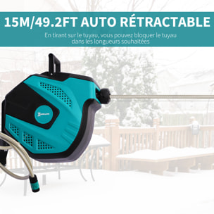 Dévidoir mural enrouleur automatique pivotant 180° tuyau 15 + 1,5 m avec lance arrosage support mural intégré turquoise noir