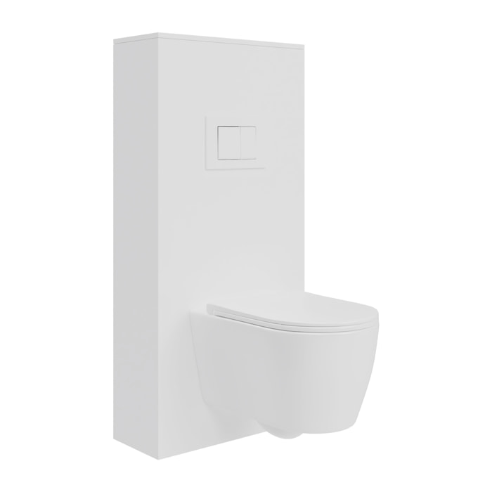 Pack Wc Suspendu + Châssis + Boîtier de Support Blanc | Toilette Blanc Mat | Bouton Blanc | Réservoir Encastré | Couvercle Amorti | Alday