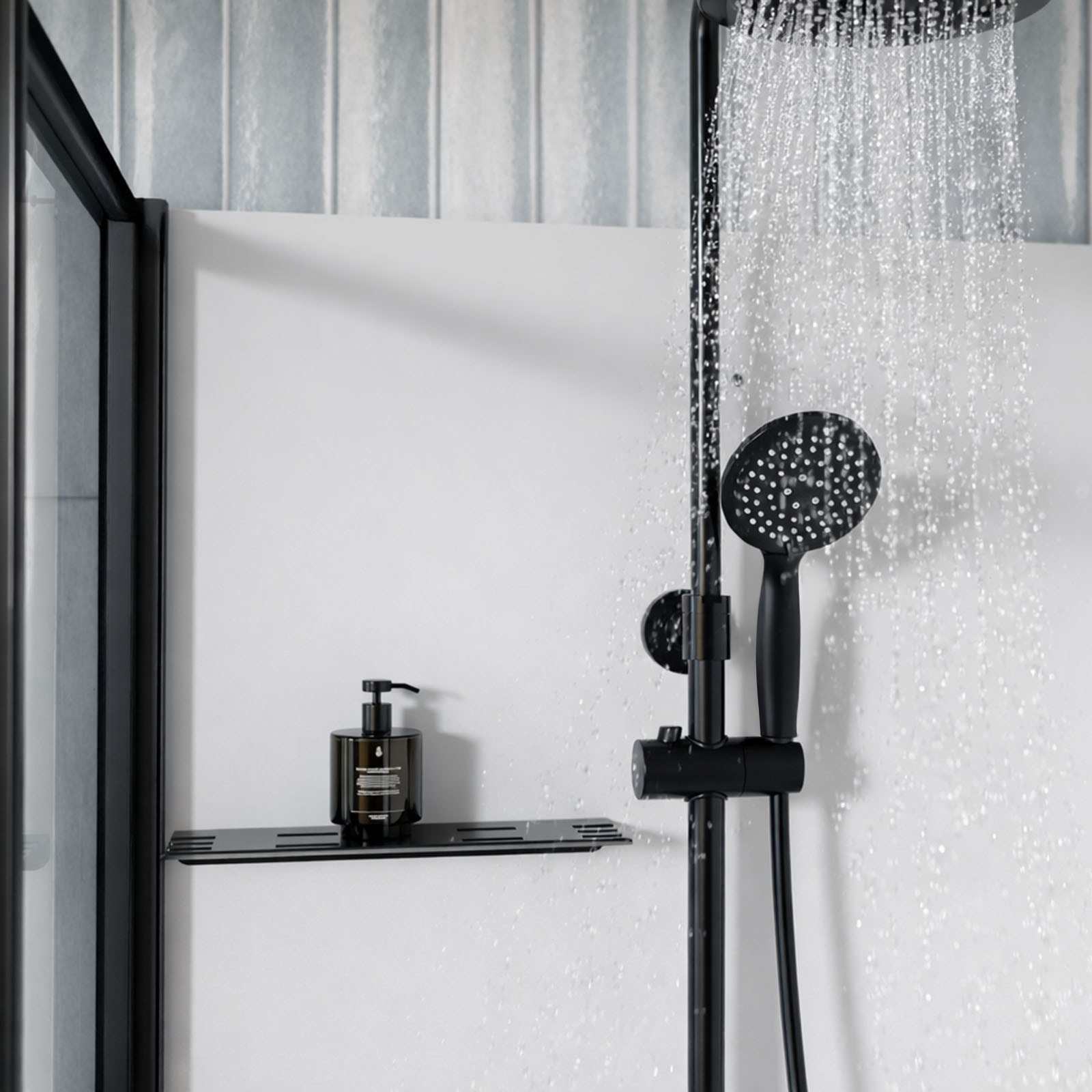 Cabine de Douche Rectangle 115x90 - Colonne Thermostatique Noire et Receveur Haut Effet Pierre