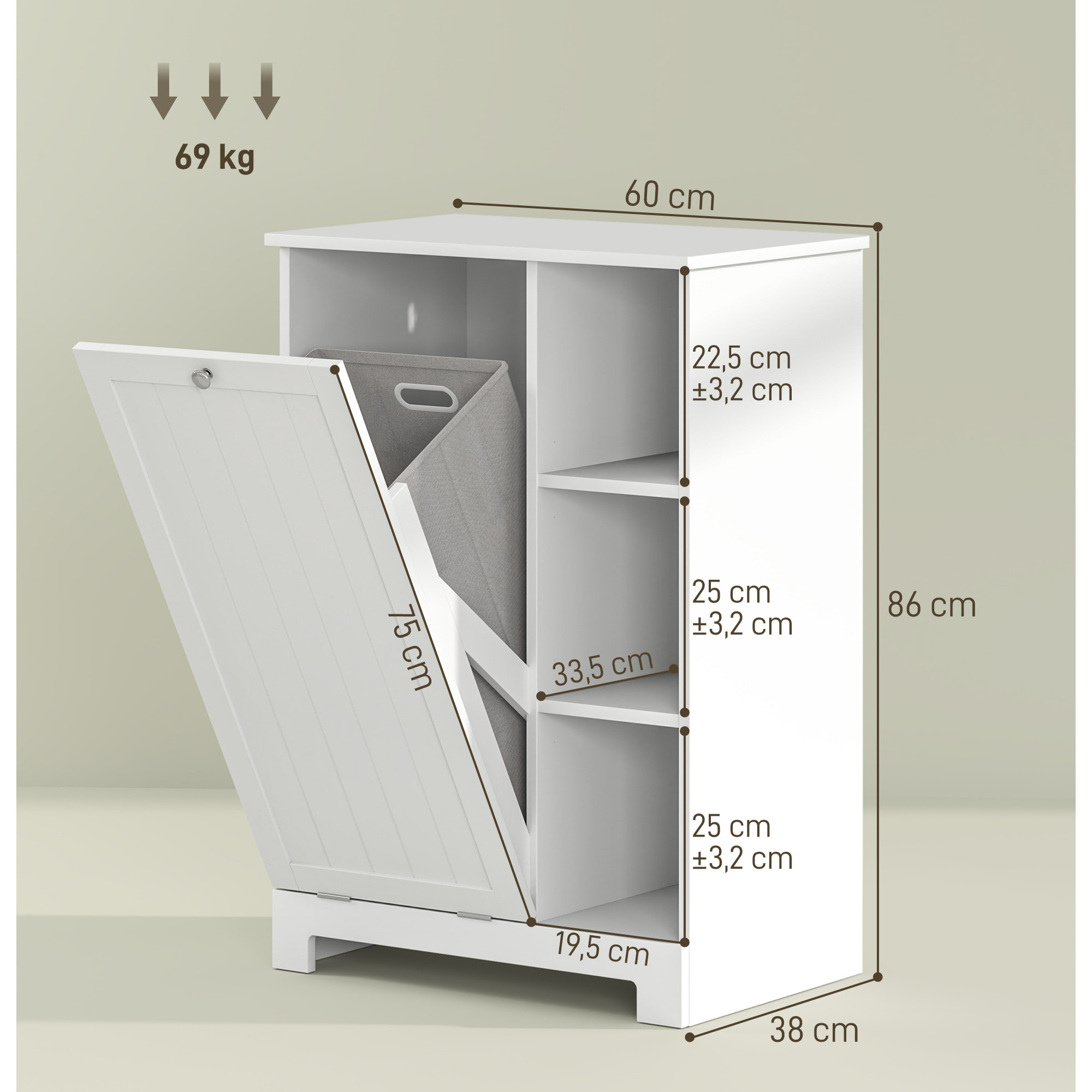 Armario de Baño con Cesto Ropa Sucia Mueble de Baño con Puerta Abatible Estantes Abiertos y Cesta Extraíble 60x38x86 cm Blanco