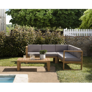 HALICE - SALON DE JARDIN EN BOIS TECK : 1 Canapé d'angle 5p. avec coussin waterproof et une table basse rectangulaire 110x60 cm