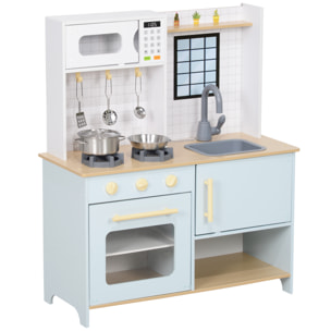 Cocina de Juguete para Niños +3 Años Cocina de Madera Infantil Cocinita Infantil con Sonido Fogón Horno Grifo Fregadero Microondas y Accesorios de Cocina Azul