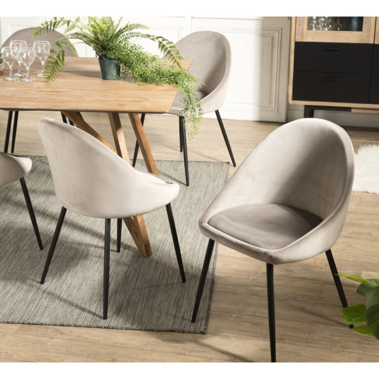 TOM - Lot de 2 chaises velours chamois beige pieds métal noir