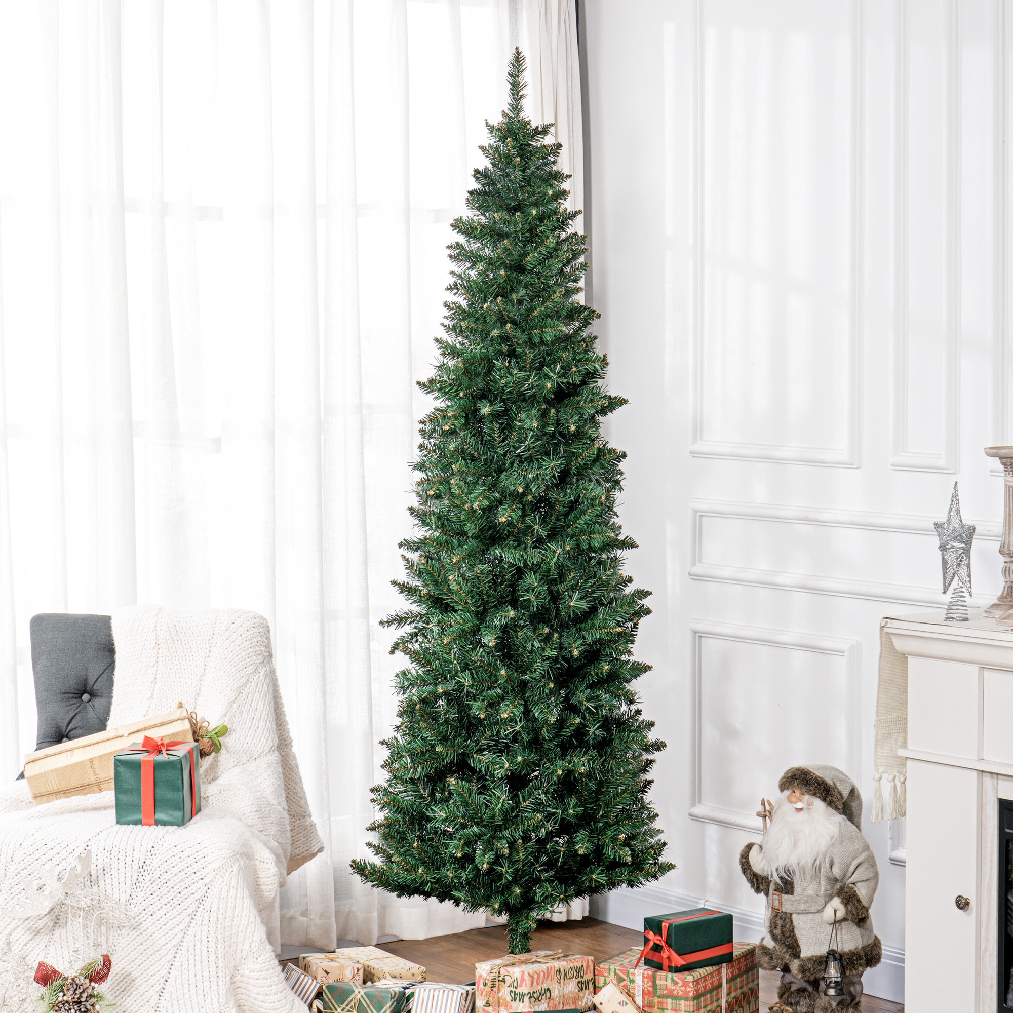 Sapin de Noël artificiel 210 cm slim avec support en acier pliable, 687 branches épines, décoration de Noël effet réaliste, vert