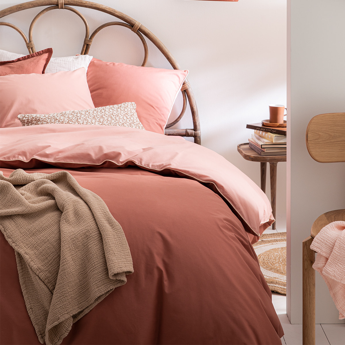 Housse de couette bicolore en coton, BONS JOURS, Rose terracotta / poudre