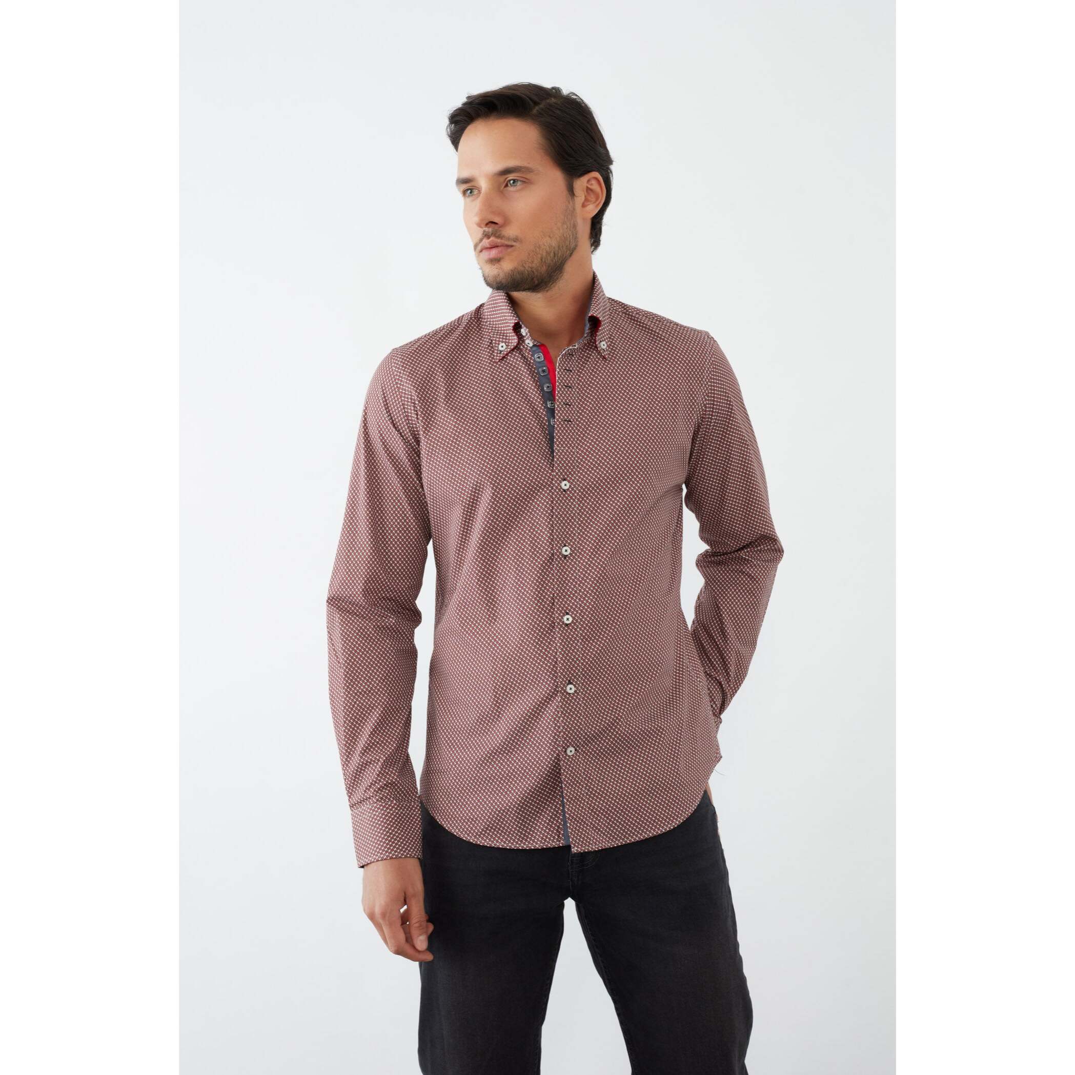 Camicia Uomo 2 Bottoni Button Down Slim Popeline Stampato Bordeaux e Panna