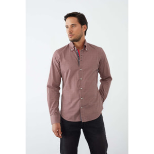 Camicia Uomo 2 Bottoni Button Down Slim Popeline Stampato Bordeaux e Panna
