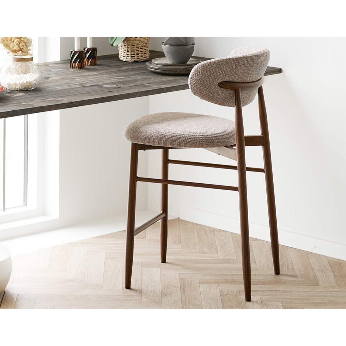 Eddie - lot de 2 tabourets en tissu texturé - pieds en acier effet bois - Marron / Beige