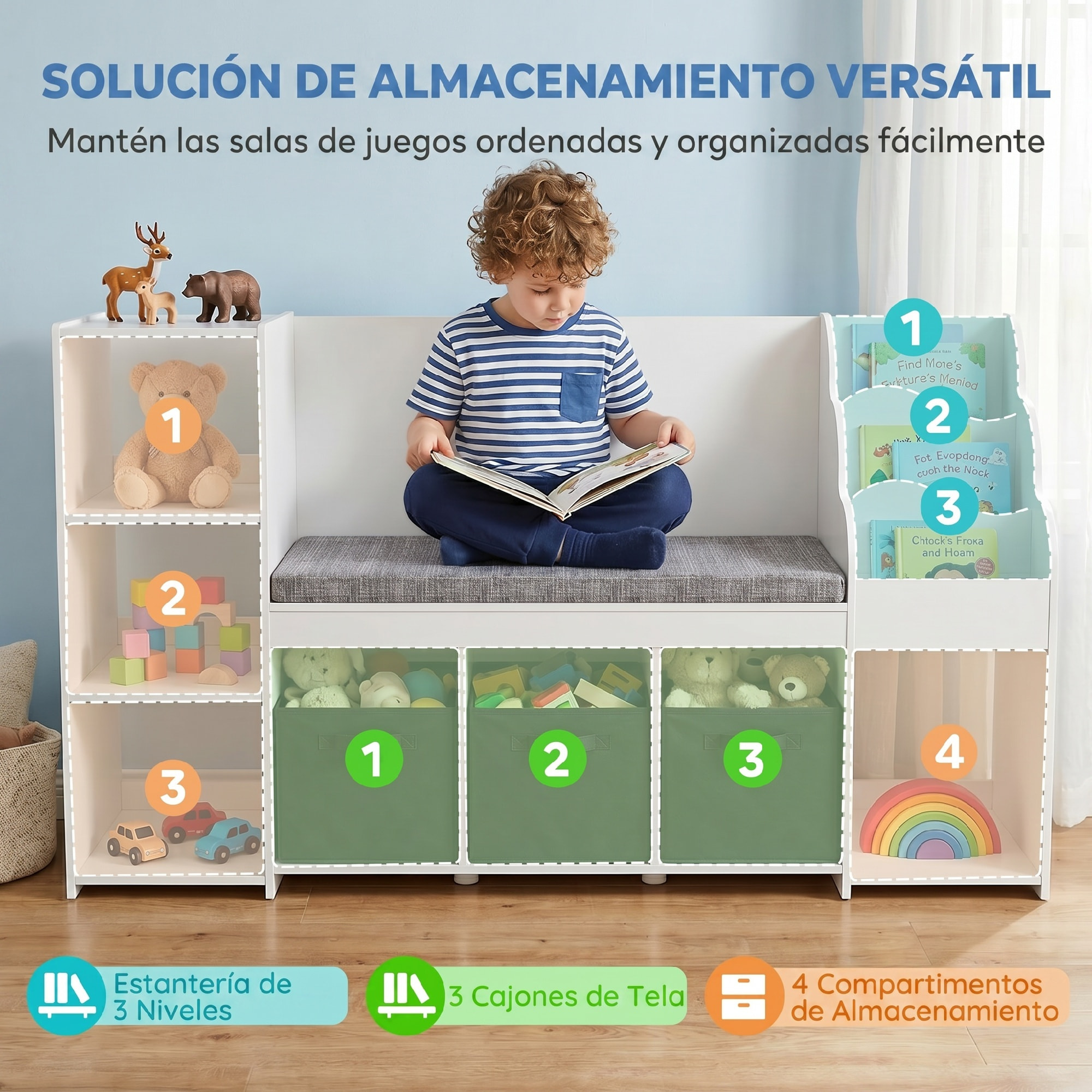 Estantería Infantil Juguetes con Rincón de Lectura, Organizador de Juguetes con Cojín, 3 Cajones de Tela, 3 Estantes, 4 Cubículos, 3-8 Años, Dormitorio, Guardería, 137x40x80 cm, Blanco y Gris