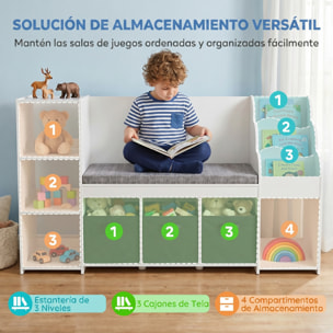 Estantería Infantil Juguetes con Rincón de Lectura, Organizador de Juguetes con Cojín, 3 Cajones de Tela, 3 Estantes, 4 Cubículos, 3-8 Años, Dormitorio, Guardería, 137x40x80 cm, Blanco y Gris