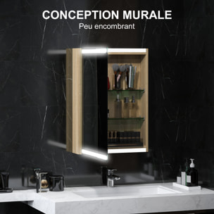 Armoire murale salle de bain  1 porte miroir lumineux LED intégré 50 x 70 cm 2 étagères verre effet bois