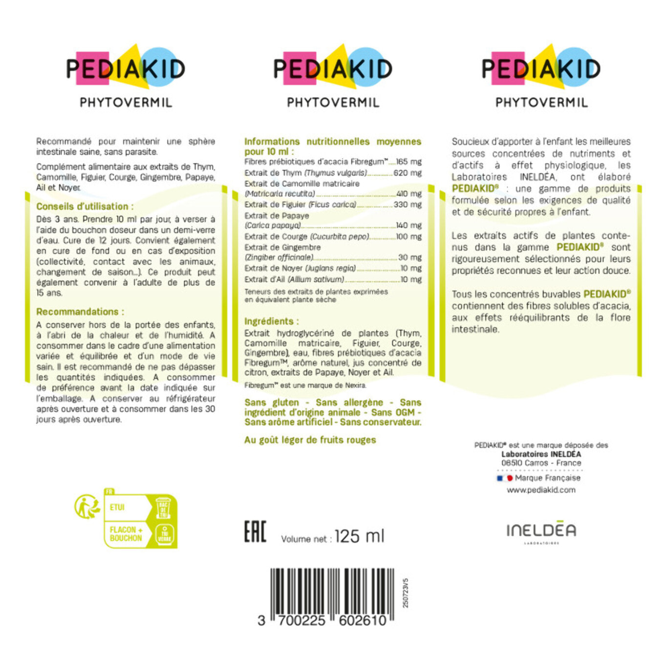 PEDIAKID - Phytovermil - Complément Alimentaire Naturel -Contribue au Maintien d'une Sphère Intestinale Saine - Bouchon Doseur Inclus - Arôme Fruits Rouges - Flacon de 125 ml