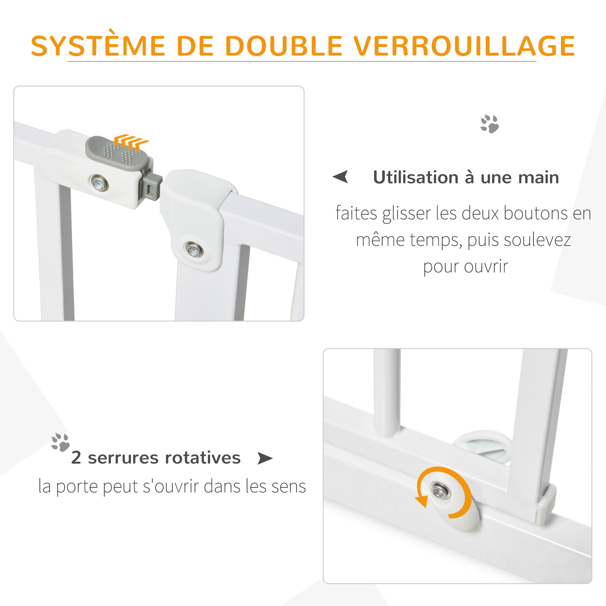 Barrière de sécurité animaux - longueur réglable dim. 75-95 cm - porte double verrouillage, ouverture double sens -sans perçage - acier ABS blanc