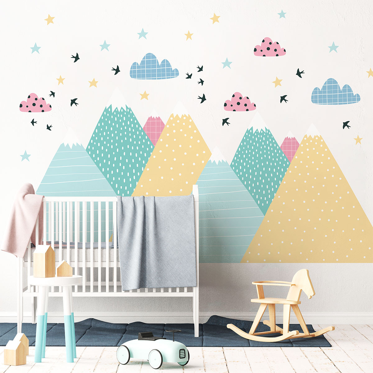 Stickers muraux enfants - Décoration chambre bébé - Autocollant Sticker mural géant enfant montagnes scandinaves DONIKA