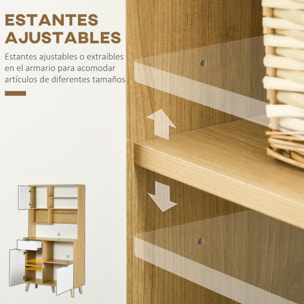 Alacena de Cocina Aparador Alto Mueble Auxiliar de Cocina con 3 Puertas Cajón Estante Ajustable Encimera para Microondas y Toallero 93x40x180 cm Natural y Blanco