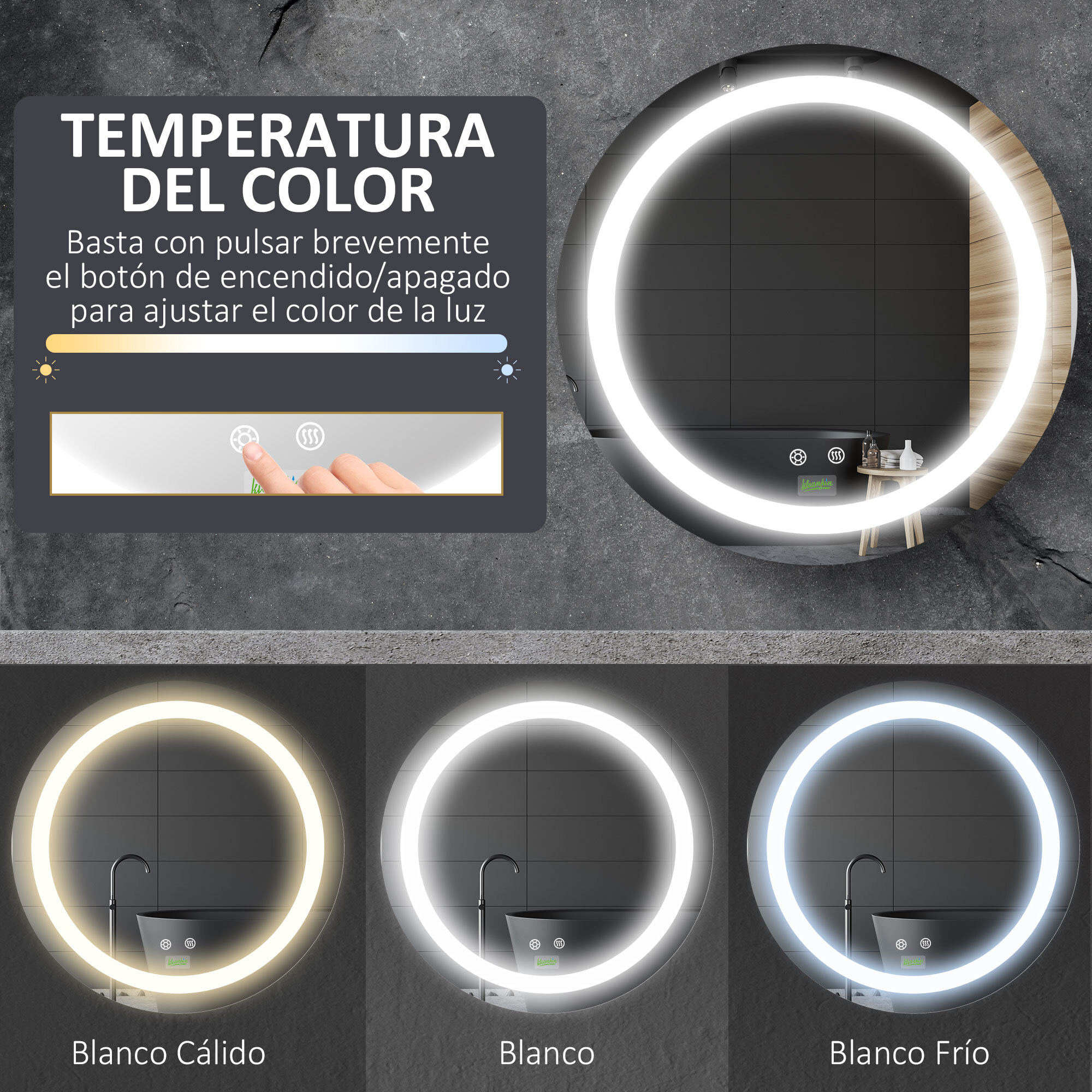 Conjunto de Baño Incluye 1 Mueble de Baño con Lavabo 61x37x88 cm y 1 Espejo de Baño con Luz LED Antivaho Interruptor Táctil Ø50x4,6 cm Blanco Brillante y Plata