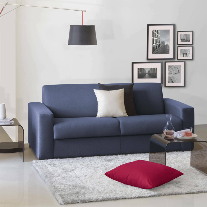 Divano letto 2 posti Asimi, Sofà Soggiorno con apertura girevole, Tessuto imbottito, Braccioli standard, 100% Made in Italy, Cm 180x95h90, Blu