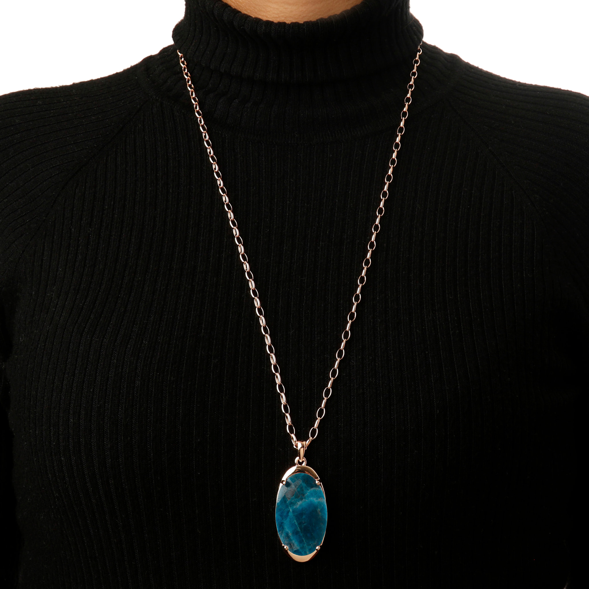 Collana Lunga Catena Rolo con Pendente in Pietra Naturale Ovale Apatite Blu