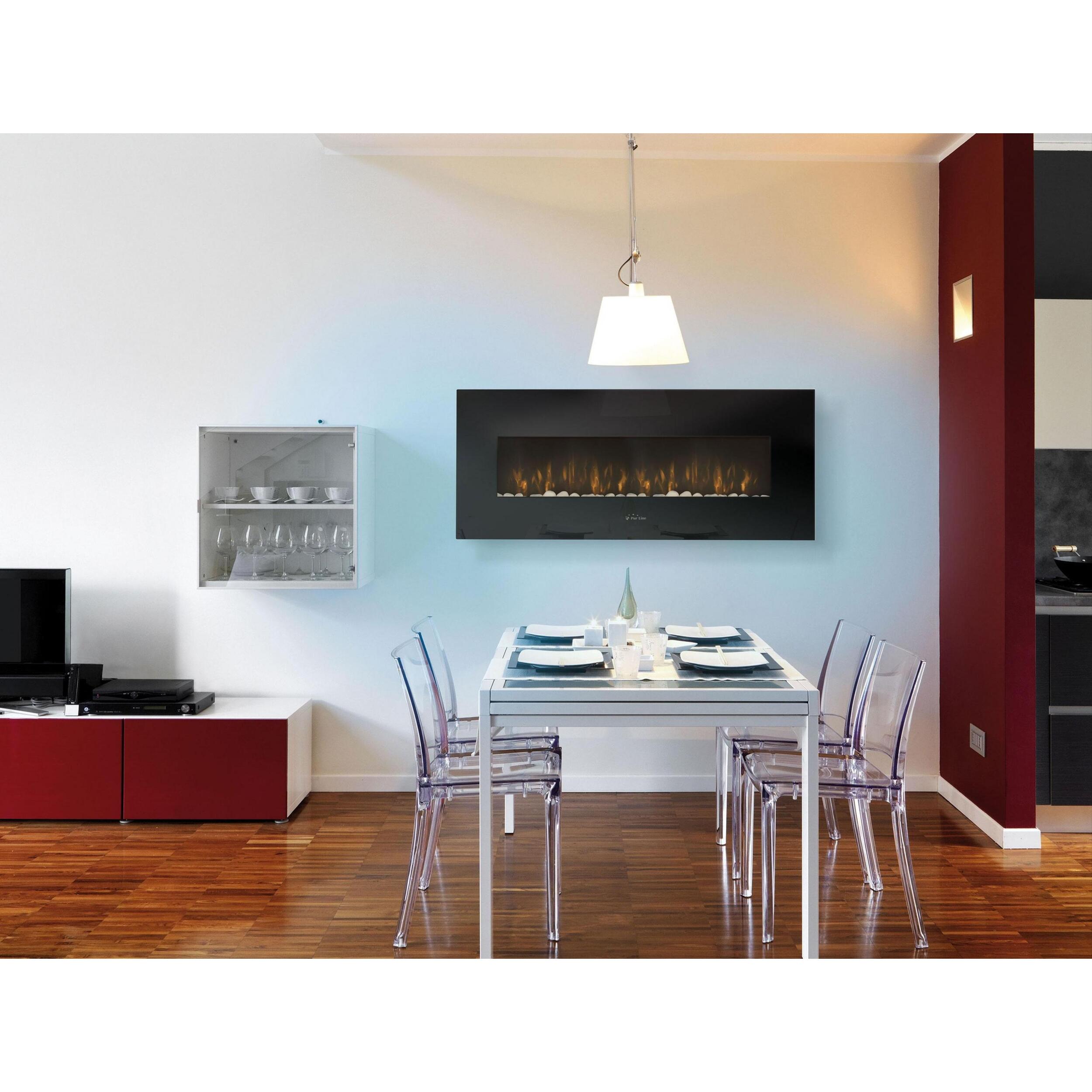 Cheminée électrique murale panoramique 2kW en verre trempé noir avec télécommande