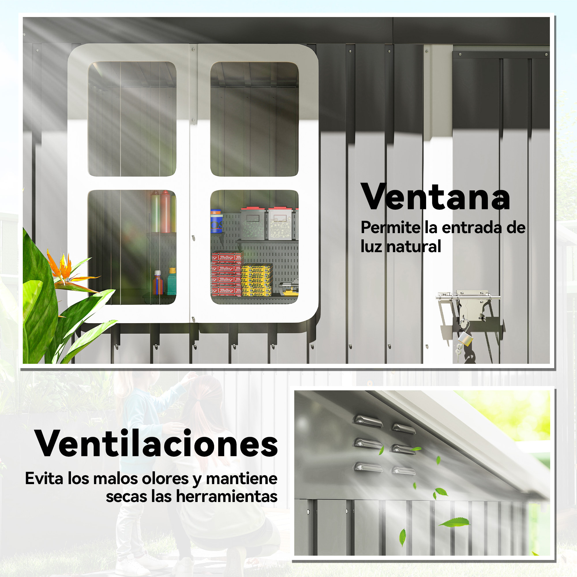 Caseta de Jardín Exterior, 2,55 m² 221x133x190 cm, Cobertizo de Jardín Exterior Metálico con Ventana, Puerta con Cerradura y Ventilaciones, para Almacenamiento de Herramientas, Gris Oscuro