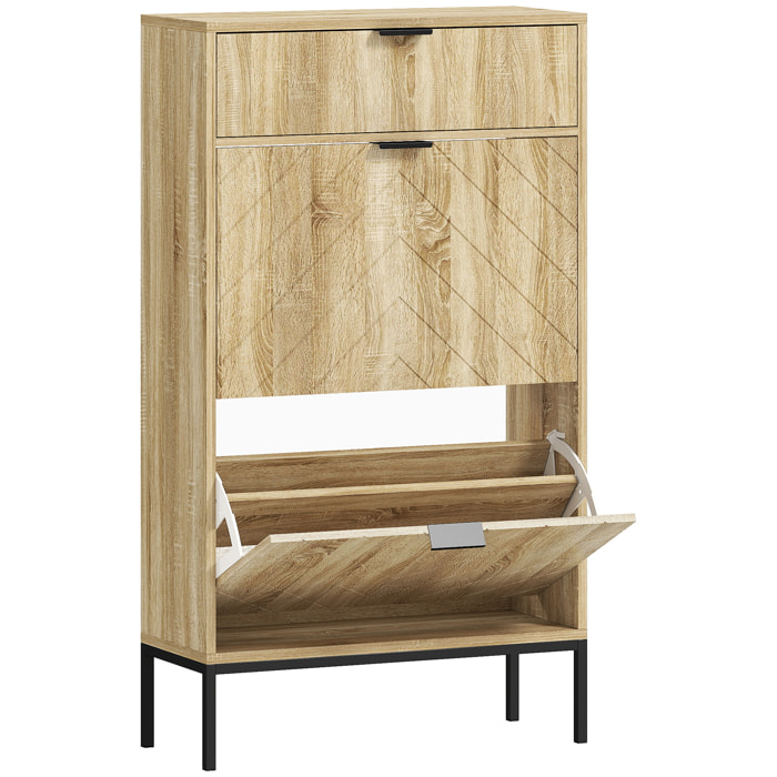 Meuble à chaussures design sur pied - 2 portes, tiroir coulissant - acier noir effet bois