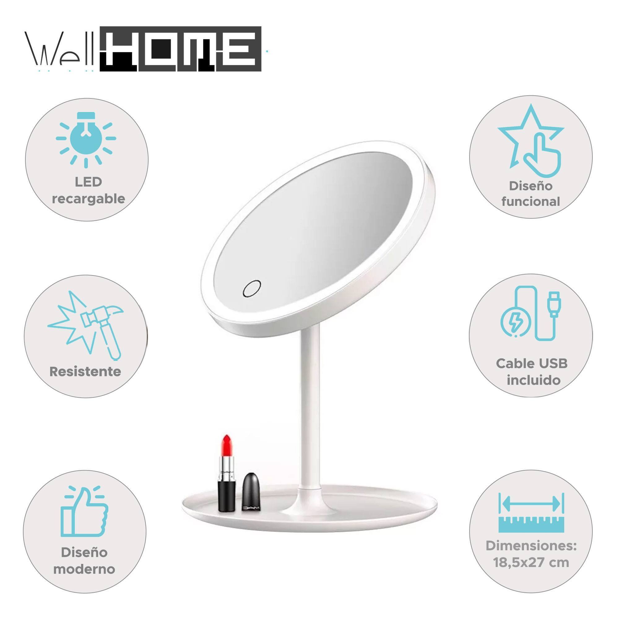 Well home espejo con luces led recargables y ajustables y carga usb ø18,5x27cm