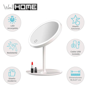 Well home espejo con luces led recargables y ajustables y carga usb ø18,5x27cm
