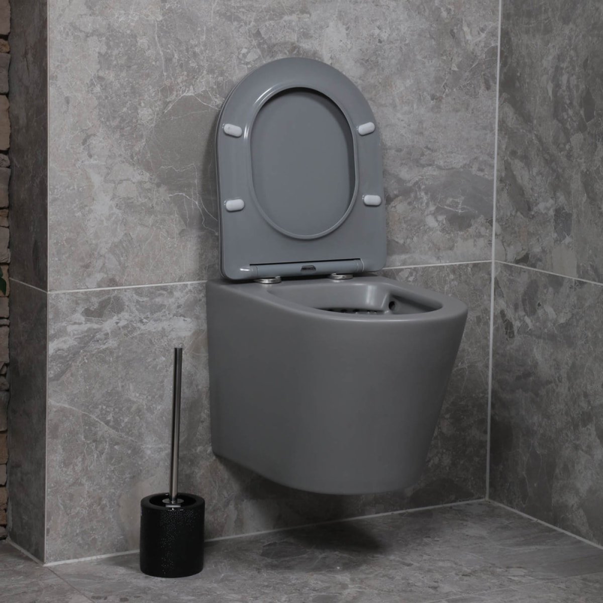 Pack WC bâti-autoportant + WC Infinitio gris mat sans bride fixations invisibles + Abattant softclose + Plaque blanche/chrome