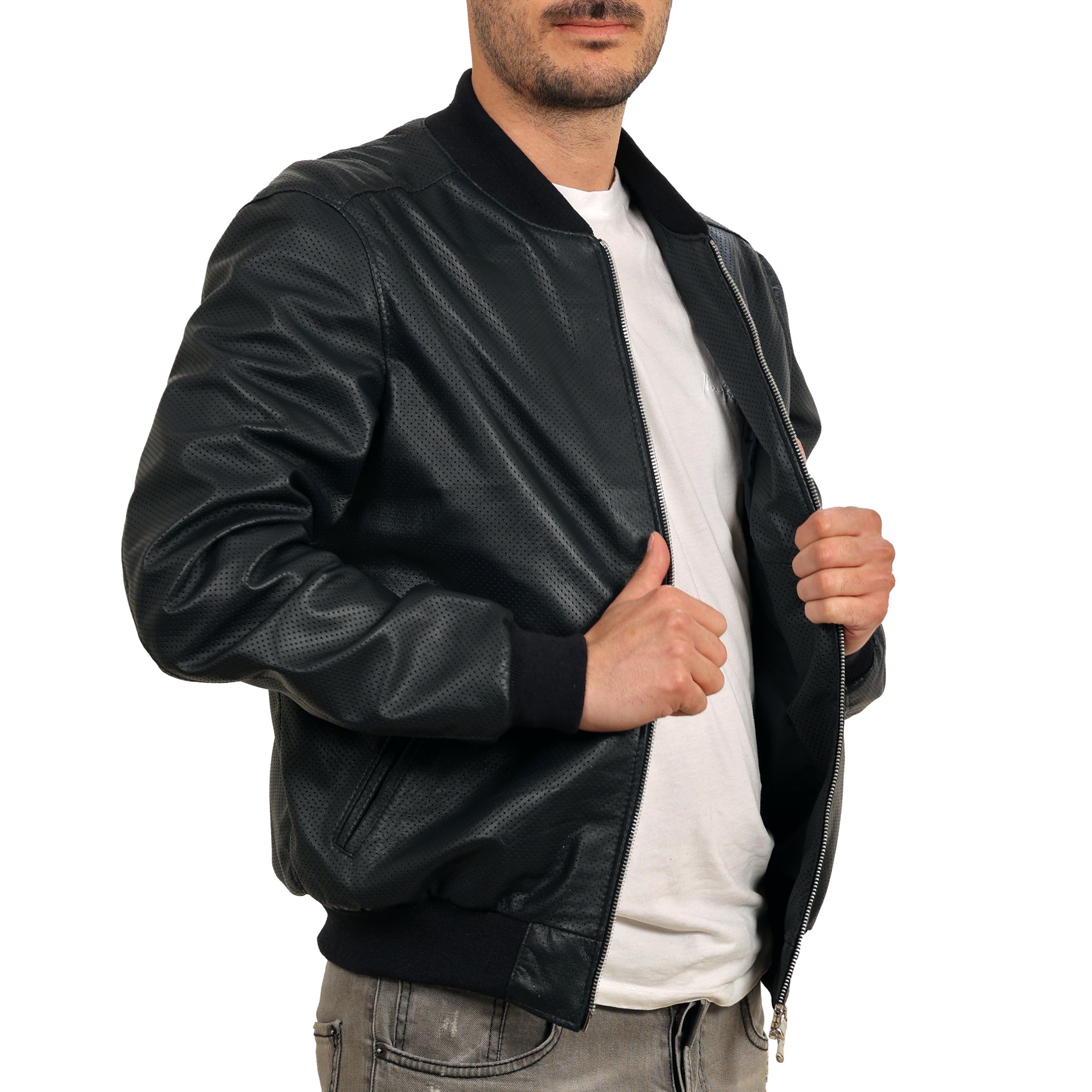 Bomber in pelle di vitello traforato Blu-Slim Fit