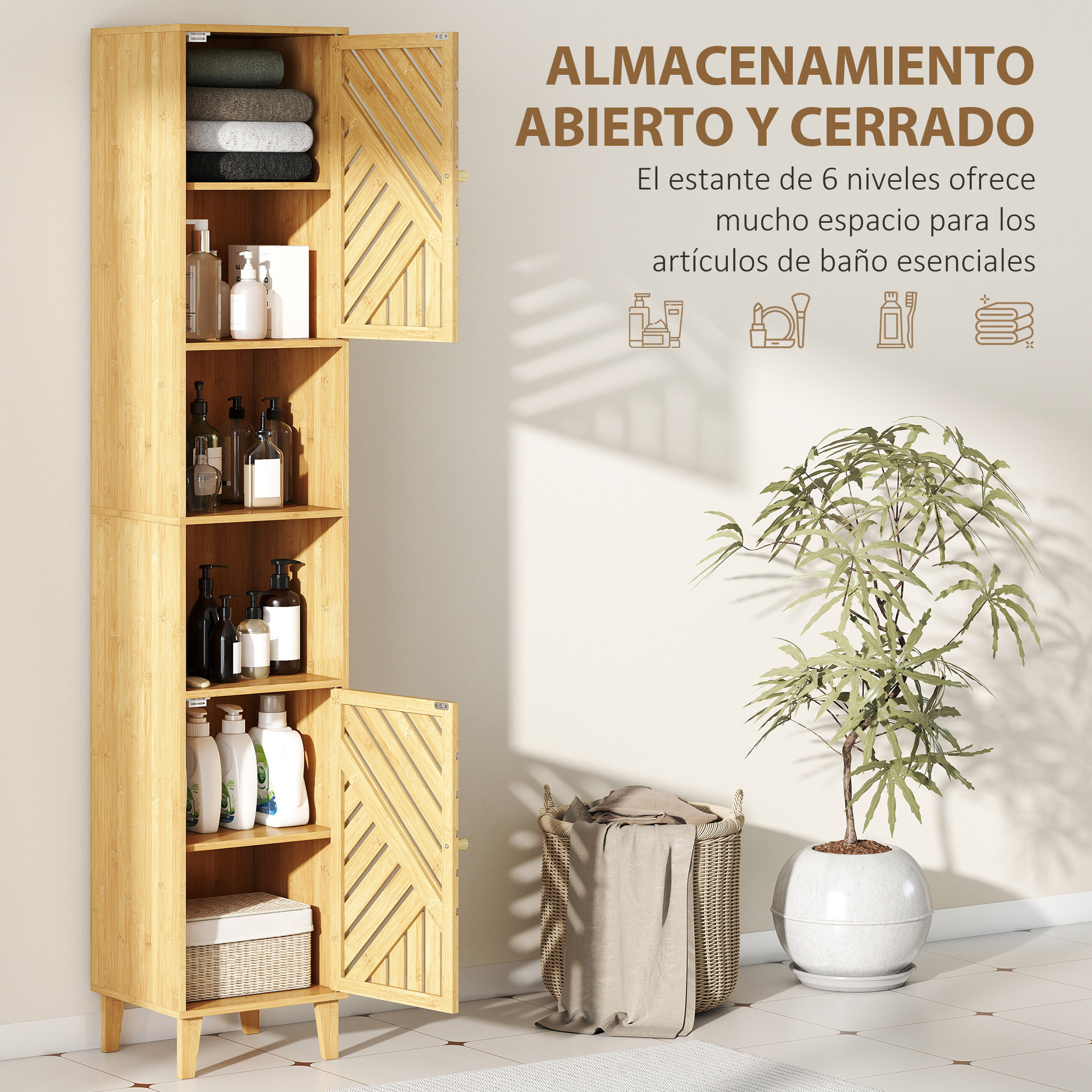 Armario de Baño Alto Columna de Baño Estrecha 32x30x170 cm con Puertas y Patas de Bambú Estantes Ajustables Compartimento Abierto Natural