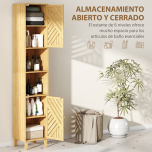 Armario de Baño Alto Columna de Baño Estrecha 32x30x170 cm con Puertas y Patas de Bambú Estantes Ajustables Compartimento Abierto Natural