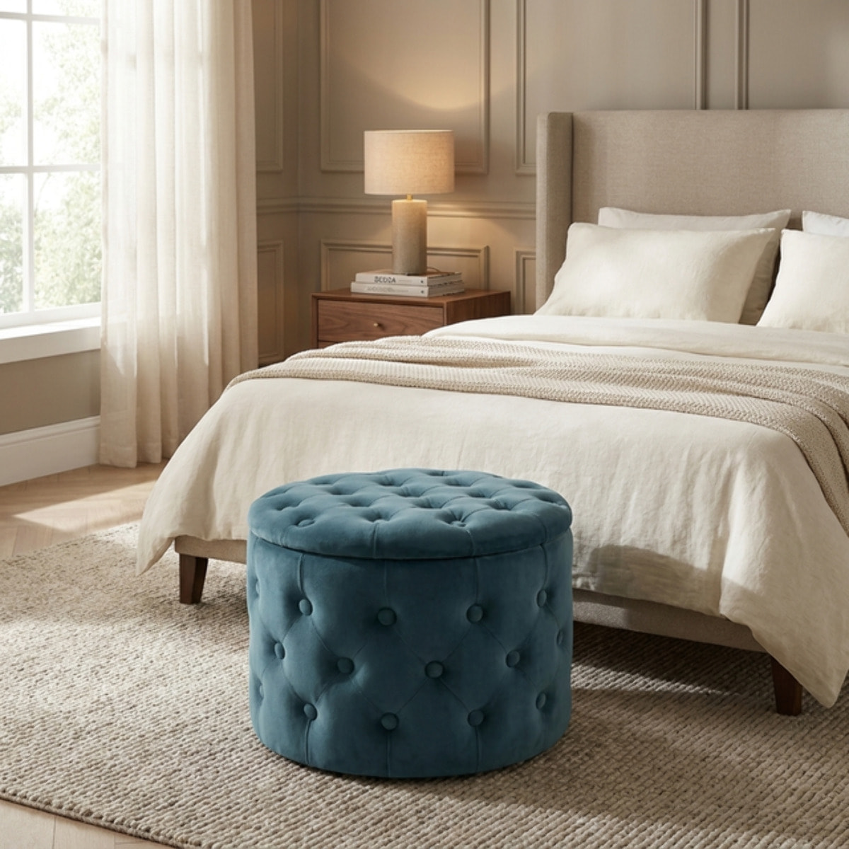 Pouf contenitore rotondo in velluto trapuntato Ø54x40 cm, pouf imbottito con vano portaoggetti e coperchio, design Chesterfield elegante per salotto camera da letto ingresso, seduta decorativa con tasche interne