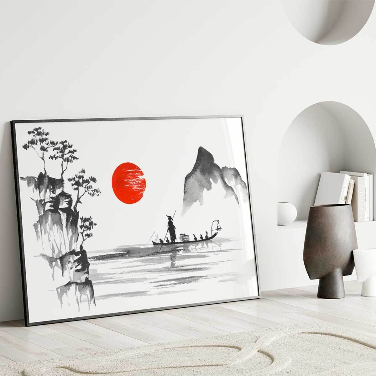 Affiche encadrée paysage poétique asiatique noir et blanc Affiche + cadre en métal - Noir