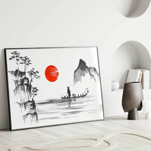 Affiche encadrée paysage poétique asiatique noir et blanc Affiche + cadre en métal - Noir