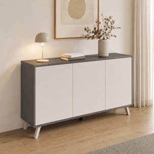 Credenza Moderna Madia 3 Ante Senza Maniglie Design Minimal Con Piedini RialzatiPer Soggiorno Ingresso 154 x 72 x 40 Cm Bianco e Grigio Cemento