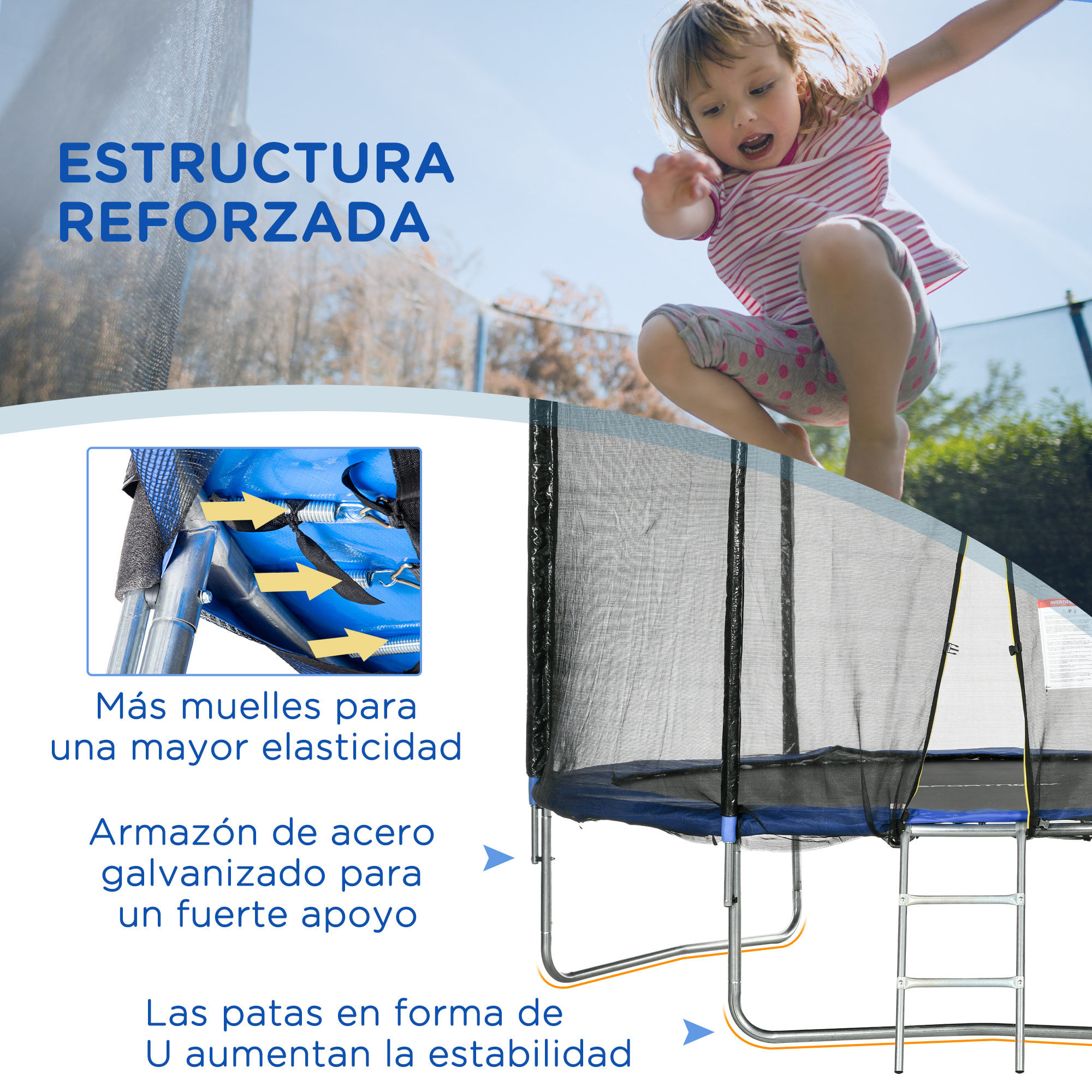 Cama Elástica de Exterior Ø305x250 cm Trampolín para Niños Adultos con Red de Seguridad Escalera Cubierta de Bordes y Marco de Acero para Jardín Patio Azul