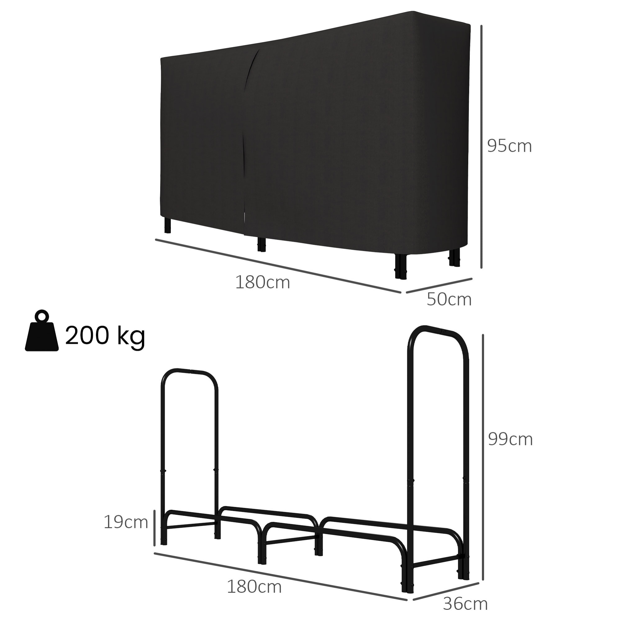 Outsunny Estante de Leña con Funda Oxford 600D, Leñero Exterior Metálico Robusto, Longitud Ajustable, Carga 200 kg, para Interior y Exterior, Jardín, Terraza, 180x36x99 cm, Negro